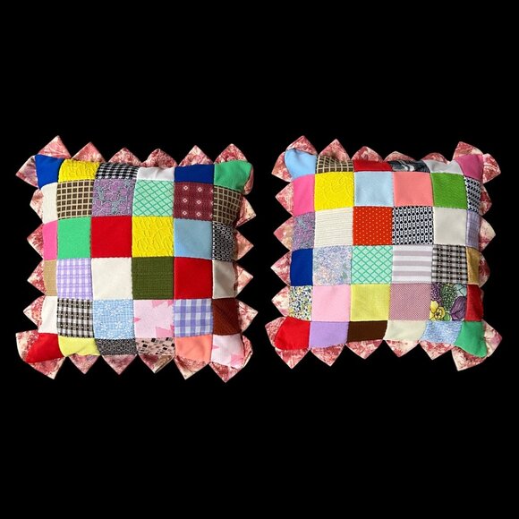 Vintage Throw Pillows Handmade Patchwork Rainbow Polyester Knit Set Of 2 Retro - Picture 3 of 9